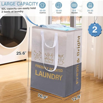 2 Pack Laundry Baskets, 92L Freestanding Laundry Basket with Handles, Waterproof Tall Collapsible Clothes Hamper for Dorm, Bedroom, Bathroom