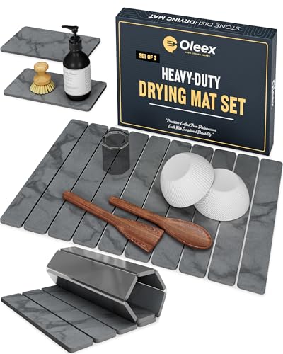 Oleex 3-Pack Stone Dish Drying Mat Set Includes 1 Large 24”x16” & 2 Small 4”x9” for Kitchen Counter-Collapsible Diatomaceous Earth Pad Absorbs Water & Dries Dishes Fast, Non-slip, Odor-Resistant Mats - color: Dark Grey Marble