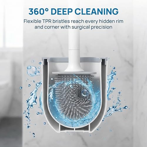 RV Silicone Toilet Brush with Holder, Drill-Free Wall Mounted Toilet Bowl Cleaner, Anti-Drip Anti-Roll Compact Brush for RV Camper & Small Bathroom (White) - color: White