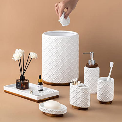 RQYIXI 6Pcs Ceramic Bathroom Accessories Set,Cream White,Embossed Textured | Ceramic & Wooden Bathroom set includes: Soap Dispenser Toothbrush Holder Tray Tumbler Soap Dish Trash Can - color: B-white