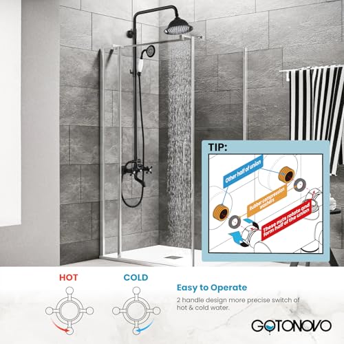 gotonovo Exposed Shower System with Spout,Matte Black,No Shower Shelf | Brass Shower Faucet Set,8’’ Rain Head with Handheld Spray,Swivel Tub Spout,2 Cross Handle,6’’ Hole Distance,Adjustable Height - color: Black