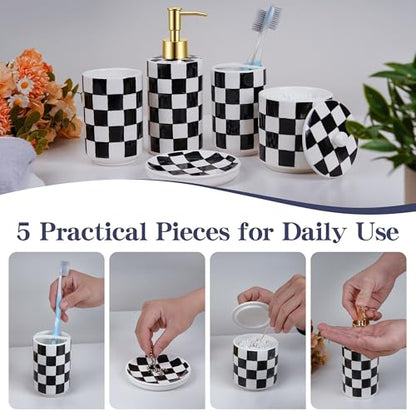 Ceramic Bathroom Soap Dispenser Set, Black and White Checkered Bathroom Vanity Set with Lotion Pump, Toothbrush Holder, Soap Dish & Storage Jar, Modern Bathroom Sink Accessories - style: Black