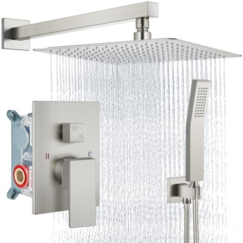 Aolemi Shower Faucet Set with Handheld Brushed Nickel 16 Inch Head | Pressure Balance Shower Valve and Trim Kit,SUS304 Rain Head and Handle System,All Metal,Wall Mount,Bathroom,Handheld Spray - color: Nickel, size: 16 Inch Wall Mount Shower Head