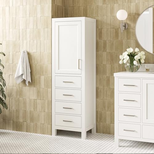 ARIEL Cambridge Bathroom Storage Cabinet - Solid Hevea Wood and Fully Assembled for Long-Lasting Durability and Sophisticated Finish, Freestanding Linen Bathroom Cabinet - 65”H x 20”W x 16”D, White - color: White, style: Cambridge