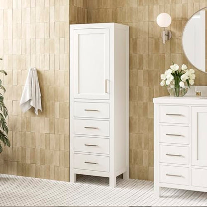 ARIEL Cambridge Bathroom Storage Cabinet - Solid Hevea Wood and Fully Assembled for Long-Lasting Durability and Sophisticated Finish, Freestanding Linen Bathroom Cabinet - 65”H x 20”W x 16”D, White - color: White, style: Cambridge