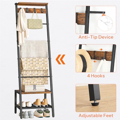 HOOBRO Blanket Ladder, 7-Tier Giraffe Shape Towel Rack for Living Room and Bedroom, 63.4" H Decorative Ladder Shelf with Hooks, Metal Frame, Industrial Style, Rustic Brown and Black BF13CJ01