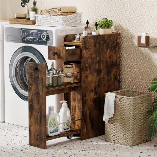 GIANTEX Slim Bathroom Storage Cabinet, Space-Saving Toilet Side Cabinet with Slide-Out Drawers on 3 Wheels, Freestanding Narrow Toilet Paper Holder for Living Room, Laundry Room (Rustic Brown) - color: Rustic Brown
