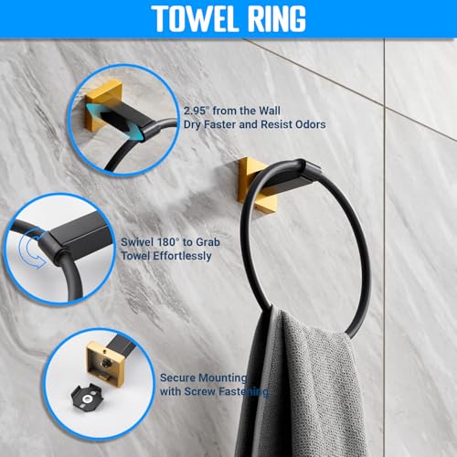Miyili 5-Piece SUS304 Stainless Steel Bathroom Hardware Kit - Incould 30" Double Towel Bar, 5" Toilet Paper Holder, Towel Ring, 2 x Robe Hooks, Bathroom Accessories Set Wall Mount, Matte Black & Gold - color: Black & Gold