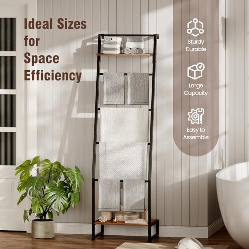 Nuoex Blanket Ladder with Shelf, 6 Layer Wall-Leaning Blanket Rack, Farmhouse Blanket Shelf for Storage and Home Decor, Freestanding Rack for Bathroom, Rustic Brown and Black