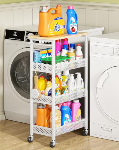 OKZEST 4-Tier Slim Rolling Storage Cart for Laundry Room, Bathroom, Kitchen | Upgraded metal hub casters, Narrow utility cart for small space/gaps, Premium wood top & metal mesh shelf, with handle & hook - color: White, size: 9.1 Inch Wide