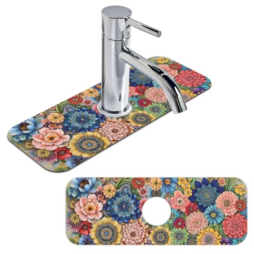 Kitchen Sink Splash Guard Faucet Mat Boho Flowers 1PC Super Absorbent Fast Drying Faucet Guard & Draining Mat Sink Splash Guard Behind Faucet Drip Catcher for Kitchen Bathroom RV (15.4" X 5.7" ) - size: 15.4" X 5.7"-1PC