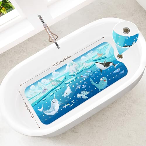 SHUCHING Blue Baby Bath Mat for Tub Non Slip-40x16 Inch, Animal | Bathtub Mat for Kids & Toddler Mold Free, Long Shower Mat for Inside Shower with Suction Cup, Machine Washable - color: Polar Animal
