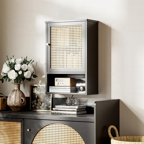 HITNET Wall Cabinet, Rattan Medicine Cabinet Over the Toilet with Adjustable Shelf, Space Saving Bathroom Hanging Storage for Small Space, Black - color: Black
