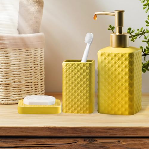 Jessie Bathroom Accessories Set, 3 or 4-Piece Ceramic Bathroom Accessory Set,Soap Dispenser,Toothbrush Holders Set,Tumbler,Soap Dish Embossed Matte Bathroom for Modern Bathrooms (Yellow 3-Piece Suit) - size: Yellow-3 Piece
