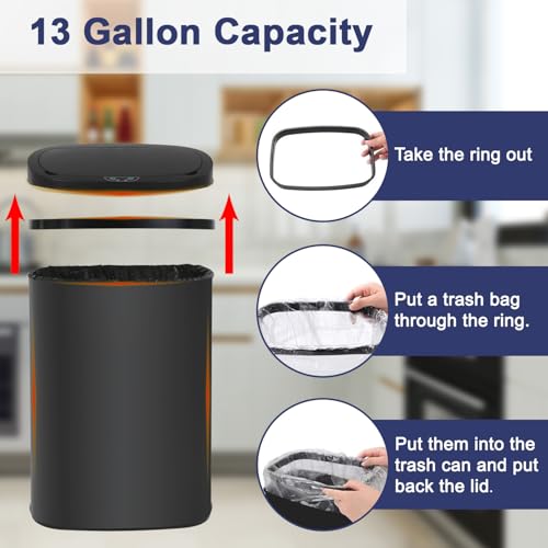 Kitchen Trash Can Automatic Black Trash Can with Lid 13 Gallon Garbage Bin | Motion Sensor Bathroom Trash Can,50 Liter Touchless Trash Bin,Garbage Can Waterproof Wastebasket for Toilet,Office,Caravans, - color: Black