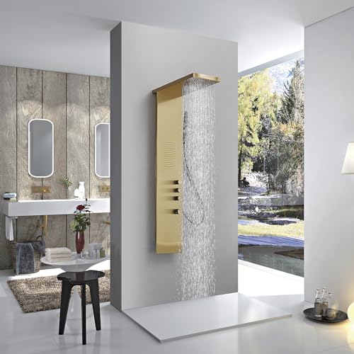 Brushed Gold Shower Panel Tower System Bathroom Wall Mount | Rain Shower Head with Body Jet Massage and Rainfall Hand Shower,High Pressure Large Area,Flexible Shower Hose,Stainless Steel - color: Brushed Gold, style: Shower Panel-Standard