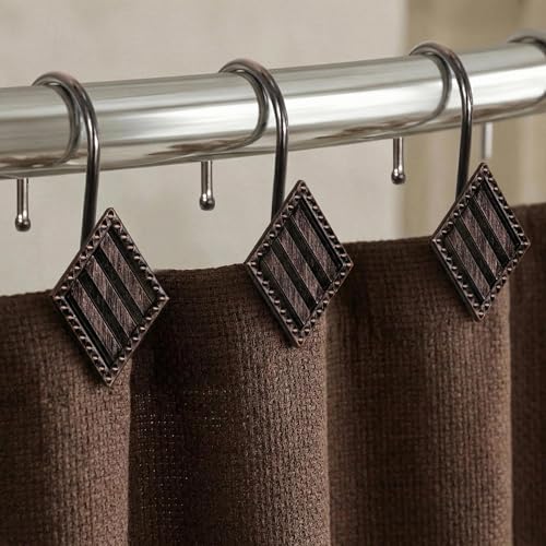 Vintage Bronze Shower Curtain Hooks: 12PCS Geometric Bathroom Curtain Ring | Elegant Rust Proof Metal Diamond Shower Hooks, Stylish Decorative Curtain Rod Hangers for Modern Bathroom Decor - color: Bronze