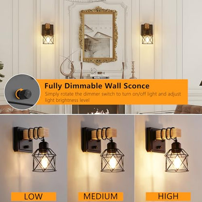 FadimiKoo Dimmable Wall Sconces Set of Two, Bedside Wall Mounted Lamp with Rotary Switch, Wooden Black Bathroom Light Fixtures with Metal Cage, Hardwired Farmhouse Wall Lights for Bedroom, Living Room - color: Black, size: 1-Light (2 Pack)