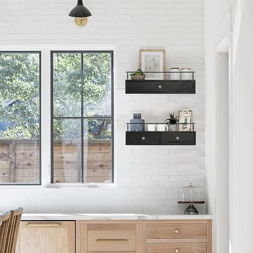 dreampossible 2-Pack Rustic Floating Shelves with Drawer, Black, 15.8 Inch Long, Wall-Mounted, Bathroom, Kitchen, Living Room Storage - color: Black, size: 15.8 Inch Long