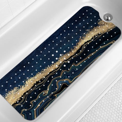 LNOND Marble Bath Tub Mat Non Slip, Extra Long 40 X 16 Inch Anti Slip Mat for Bathtub, Blue Luxury Marble Shower Mat with Drain Holes and Suction Cups, Machine Washable - color: Green Gold Marble