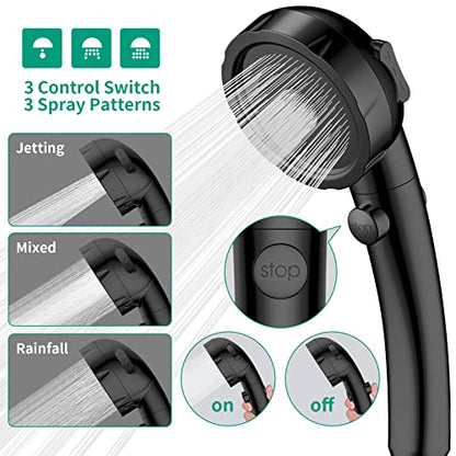 High Pressure Shower Head with Handheld, Black | On Off Shower for RV, Water Saving Shower Head with Stop Button and 3 Modes, Detachable RV Shower Head with Hose and Bracket - color: Black