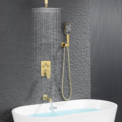 Bathtub Shower Faucet Set with Pressure Balance Valve, 12" Ceiling Mount Shower System with Tub Spout Multi-function Handheld Head Push Button Diverter Shower Trim Kit, Brushed Gold - color: Brushed Gold, style: 12"-Square-Tub-01