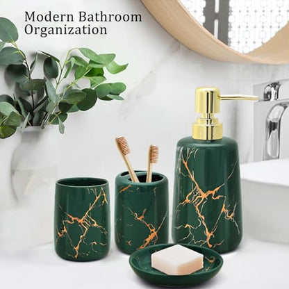 CERBIOR Bathroom Accessories Set,4 Pcs Ceramic Bathroom Accessory,Green | Includes Toothbrush Holder, Toothbrush Cup, Soap Dish for Decorative Countertop and Housewarming Gift - style: Dark Green