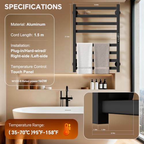 Electric Towel Warmer Wall Mounted, Heated Towel Rack with Intelligent Timer & Temperature Control, Plug-in or Hardwired, Left/Right Compatible, 27 Inch, Black - color: Black, size: 27 Inch