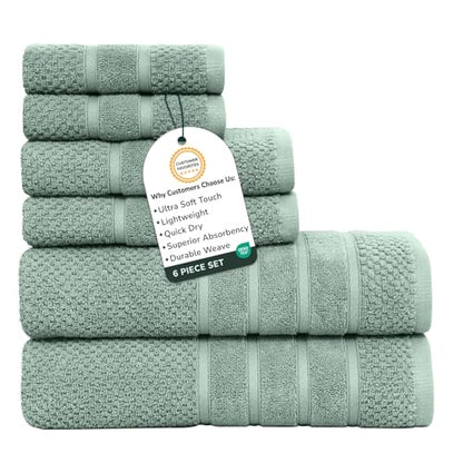 Feather & Stitch 100% Cotton 625 GSM Bath Towel Set of 6, Ultra Soft Highly Absorbent 2 Bath Towels, 2 Hand Towels & 2 Washcloth - Luxury Quick Dry Shower Towels (Granite Green) - color: Granite Green