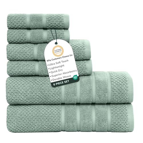 Feather & Stitch 100% Cotton 625 GSM Bath Towel Set of 6, Ultra Soft Highly Absorbent 2 Bath Towels, 2 Hand Towels & 2 Washcloth - Luxury Quick Dry Shower Towels (Granite Green) - color: Granite Green