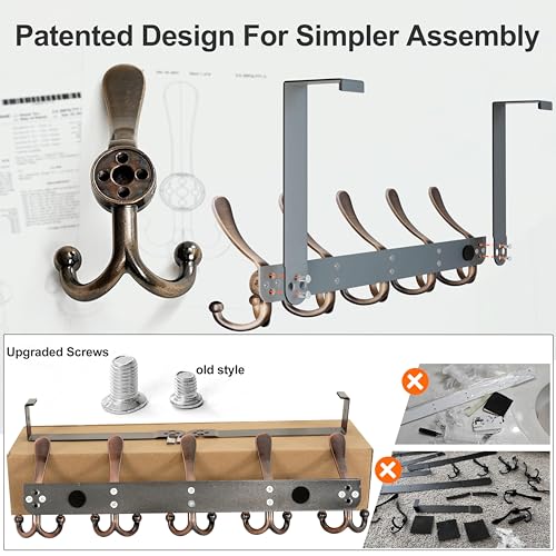 Over Door Hook 2.0 - Upgraded Version - Simple-Assembly, Strong, Heavy-Duty Stainless Steel 5-Tri-Hook Over The Door Hanger Rack, SimpleStrong Series, Antique Copper, Pack of 2 - color: Copper