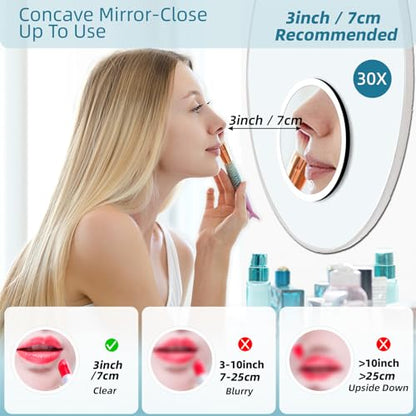 30x Magnifying Mirror With Light, Large 6" Rechargeable Lighted With Suction Cups & Table Stand, 3 Color Modes Dimmable Light up Travel Makeup High Magnification - color: 30x -Black