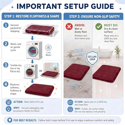 2 Piece Memory Foam Bath Mat Set, Extra Soft Absorbent Bathroom Rugs with U-Shaped Toilet Rug, Non-Slip Backing, Machine Washable, 24x16 + 20x20 U-Shaped, Burgundy - color: Burgundy