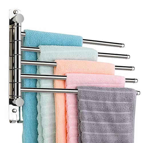 5 Arm Swivel Towel Bar - Heavy Duty SUS304 Stainless Steel Swing Towel Rack for Bathroom, 180° Rotation Wall Mount Towel Holder with Hook, Space-Saving Organizer for Kitchen, Laundry Room - color: Silver, size: 5 Arms