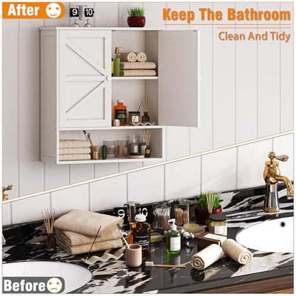 Bathroom Wall Cabinet, White 25.9" x 23.6" Over The Toilet Storage Cabinet, Bamboo Wall Mounted Bathroom Cabinet with Adjustable Shelves for Kitchen & Laundry Room (White)