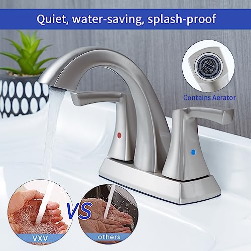 VXV Bathroom Faucet Brushed Nickel, 2 Handles Low Arc Bathroom Sink Faucets, 4 Inch Centerset Bath Lavatory Faucets with Pop-up Drain & Faucet Supply Lines (BN) - color: ‎Brushed Nickel-4 inches