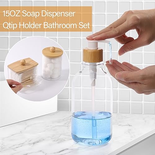 Bamboo Bathroom Accessories Set 4 Pcs - Clear Toothbrush Holder Plastic Soap Dispenser and 2 Qtip Holder Cotton Swab/Pad/Ball Container Jar