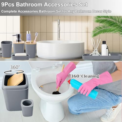 Grey Bathroom Accessories Set with Trash Can 9 Piece Grey Bathroom Decor Toothbrush Holder,Toothbrush Cup,Lotion Soap Dispenser,Vanity Tray,Soap Dish,Toilet Brush,Qtip Holder - size: Bath Set, style: Grey