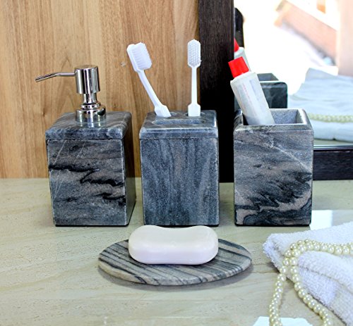 KLEO - Bathroom Accessory Set Made from Natural Stone - Bath Accessories Set of 4 Includes Soap Dispenser, Toothbrush Holder, Tumbler and Soap Dish (Grey)