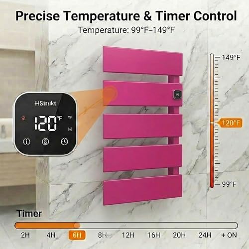 5 Panel Pink Heated Towel Rack for Bathroom Towel Warming | Fast-heat in 2-3 minutes. Dry towels in 4 hours. Smart thermo control and precise timer, Work with Smart Plug. - size: 5 Panel