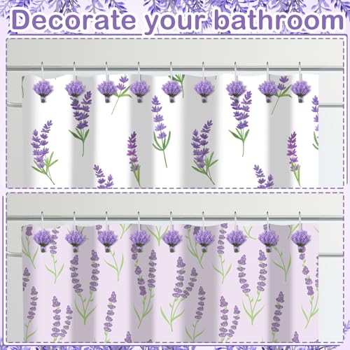 12 Pcs Lavender Shower Curtain Hooks Purple Floral Decorative Hooks Rings Bulk Cute Hanger Stainless Steel Resin Spring Flower Themed Shower Hook for Bathroom Bedroom Home Living Room Decor - style: Lavender
