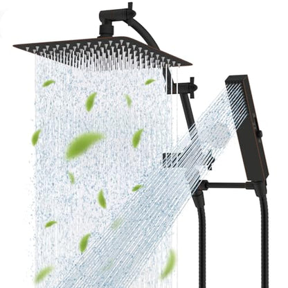 Hibbent All Metal CUPC Certified 10'' Rain Shower Head, Dual Shower Head Combo, High Pressure Handheld 4 Sprays Shower Wand, 16'' Adjustable Extension Arm, 71'' Hose, Shower Holder, Oil-Rubbed Bronze - color: Oil Rubbed Bronze, style: Square 10''
