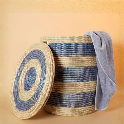 Blue African Woven Hamper with Lid, 20" Tall, 18" Wide - color: Medium