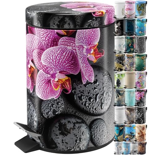 Sanilo Small Bathroom Trash Can with Lid [1.3 Gallon] - Lidded Tiny Trashcan for Garbage - Mini Metal Bin with Soft Closing Mechanism - Bath Room Accessoire Wastebin with Inner Bucket (Madeira) - color: Madeira