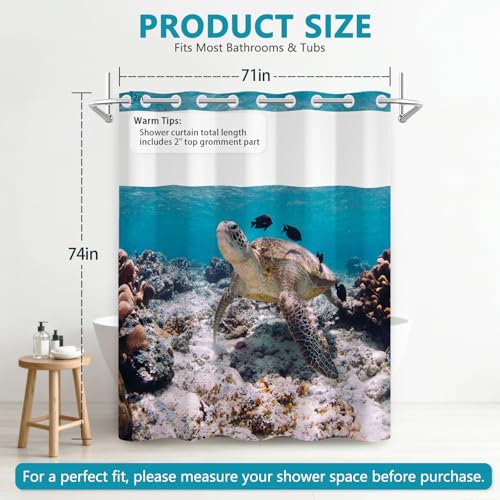 No Hook Shower Curtain and Liner Set, Washable Shower Curtain Liner & Ventilation Window, Water Repellent Bath Curtain Features Realistic-Style Sea Turtle Pattern, Bathroom Essentials, 71x74 Inch - color: Underwater World