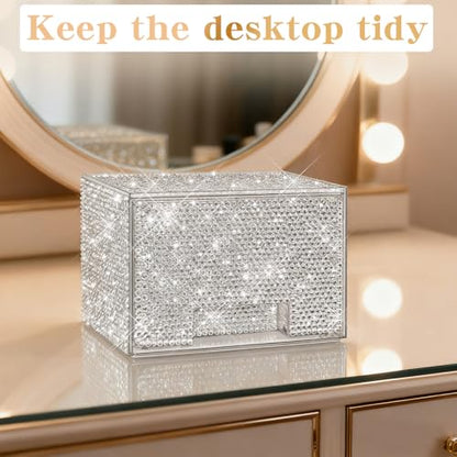 Bling Stackable Cosmetic Organizer with Silver Rhinestones, Glitter Acrylic Drawer, Shiny Plastic Organizer for Dresser, Vanity,Pantry, Home Organization and Storage