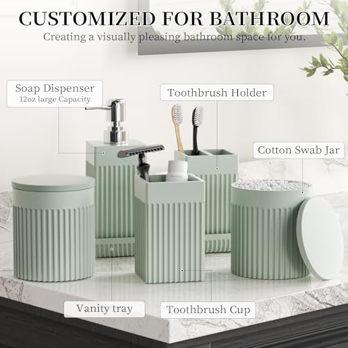 Bathroom Accessories Set, 6-Piece Resin Green Bathroom Set with Toothbrush Holders, Soap Dispenser, Vanity Tray, Tumbler, Cotton Swab Jars, Modern Bathroom Organizer for Small Spaces - color: Green