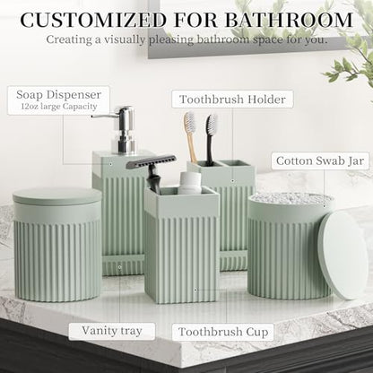 Bathroom Accessories Set, 6-Piece Resin Green Bathroom Set with Toothbrush Holders, Soap Dispenser, Vanity Tray, Tumbler, Cotton Swab Jars, Modern Bathroom Organizer for Small Spaces - color: Green