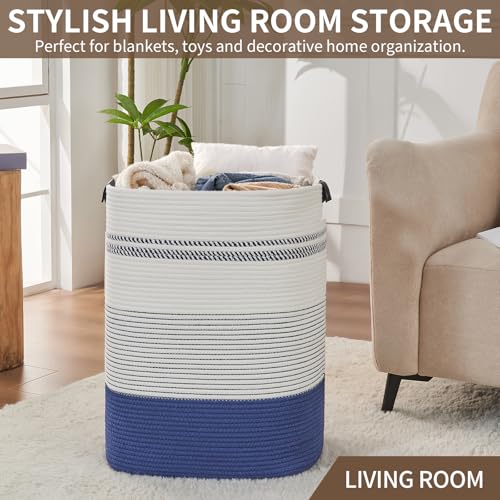 AINUOQI Large Laundry Basket - Tall Woven Rope Laundry Hamper with Leather Handles - Dirty Clothes hamper for Living room, Bedroom, 17" X 13.8" X 22", Dark Blue & White - color: Dark Blue & White, size: 85L