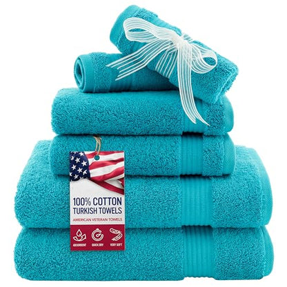 American Veteran Towel, 6 Piece Towel Set for Bathroom, 100% Cotton Turkish Bathroom Towels, 2 Bath Towels 2 Hand Towels 2 Washcloths, Aqua Blue - color: Aqua Blue, size: X Large 6 PC